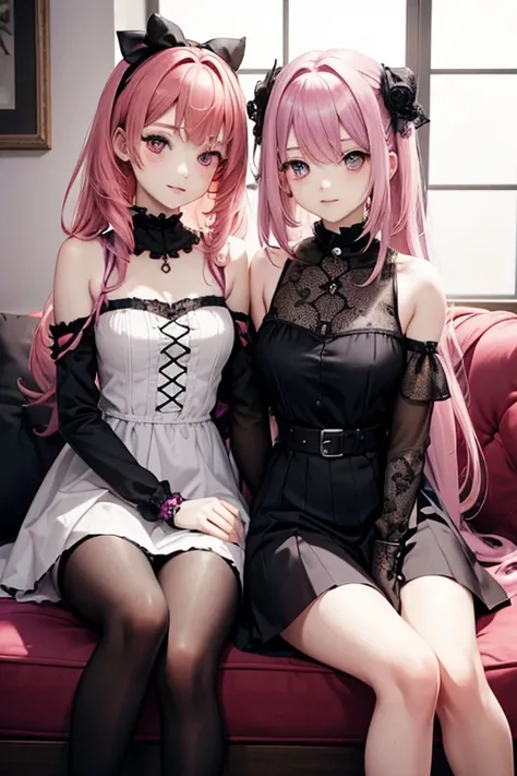 Two pink haired girls with red eyes are sitting on the lap of pink haired woman with violet eyes in gothic clothing