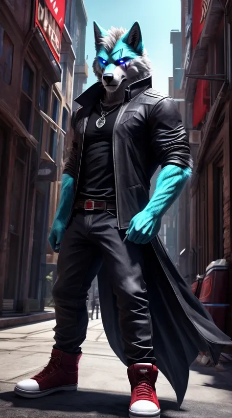 (Best Quality), 1 Male, Adult, Anthropomorphic Dark Gray Canid Wolf, Full Body, Standing Pose, Violet Eyes, Dark Gray Furs, Wolf Tail, Black Medium Hair, Wearing Dantes Clothes (from DmC: Devil May Cry one, released in 2013) and His Clothes Only, Muscular ...