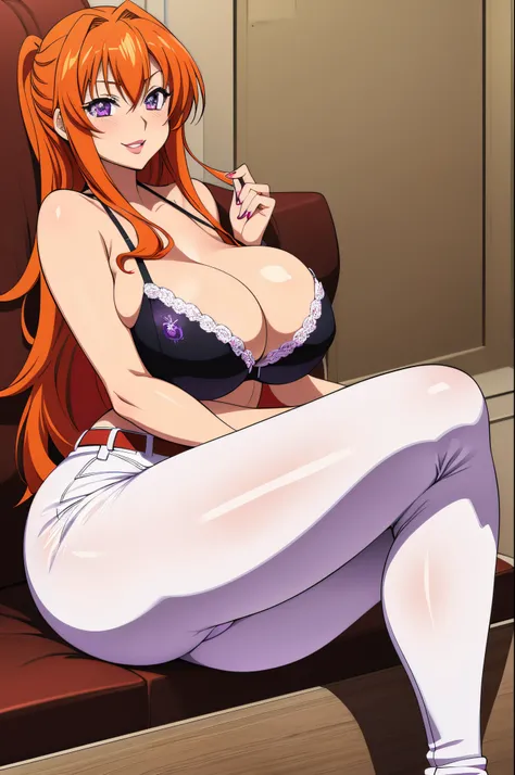 Masterpiece, high resolution, Highschool Dxd, Irina Shidou, 1 girl, ((bimbo))), long orange hair, purple eyes, thick lips, painted lips, erotic smile face, blushing, wide hips, thick thighs, thick, huge breast, huge round ass, oily shiny skin, white jeans,...