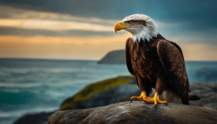 An eagle with a crab attached to its face on a rock in the middle of the sea