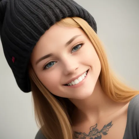 A girl with brown blonde long hair and a sweet smile with a gap in her teeth. Sie hat ein Tattoo an ihrem blinken Arm, wo never give up draufsteht. She also has scars on her arms.