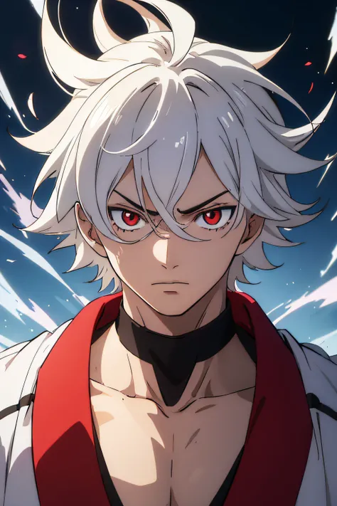 anime boy, teenager, looking me, pure white hair, serious, red eyes, samurai, anime, messy hair, light brown skin, best shade, best quality, Volumetric, Beautiful Lighting, dynamic pose, 8k --v 4