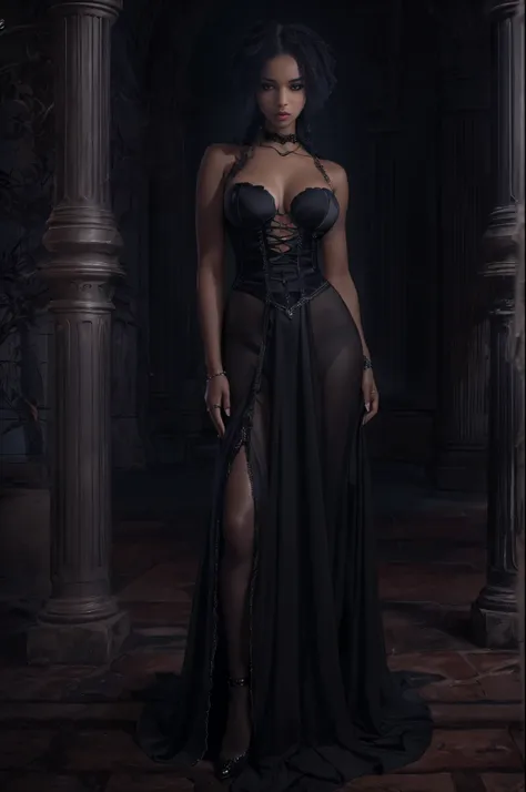 (best quality, 4k, 8k, highres, masterpiece:1.2), ultra-detailed, (realistic,photorealistic,photo-realistic:1.37), gorgeous light skin black woman, vampire, seductive gaze, elegant posture, gothic background, sensual beauty, gothic fashion, black gothic mi...