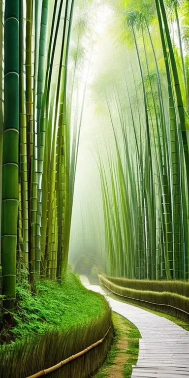 In the refreshing and fresh bamboo forest after the rain:Bamboo is very high, Fog. Sall courtyard made ofbamboo, Beautiful artistic conception, Clear details, Ultrahigh definition, Ultra high resolution, Color matching