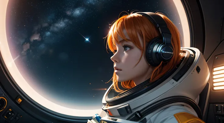 {{masterpiece}}, best quality, extremely detailed CG unity 8k wallpaper, anime style, cinematic lighting, lens flare, dust, colorful light, particles, heterochromia, (colorful:1.5), cinematic, beautiful astronaut girl enjoying a rest in a 30 meter space po...