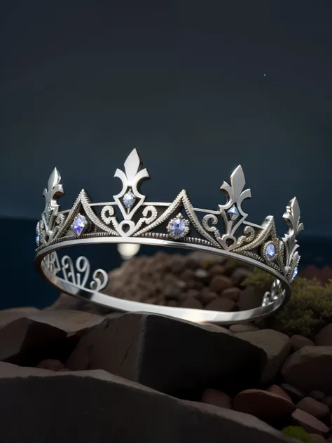 uma coroa quebrada em uma rocha com fundo escuro, nordic crown, coroa trincada, coroa antiga, Freio de coroa de metal Trident, coroa de espinhos quebrada, broke the Silver Prince&#39;s Crown, coroa quebrada de prata, diadem on the head, tiara fantasia ultr...