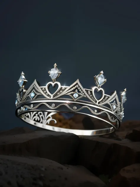 uma coroa quebrada em uma rocha com fundo escuro, nordic crown, coroa trincada, coroa antiga, Freio de coroa de metal Trident, coroa de espinhos quebrada, broke the Silver Prince&#39;s Crown, coroa quebrada de prata, diadem on the head, tiara fantasia ultr...