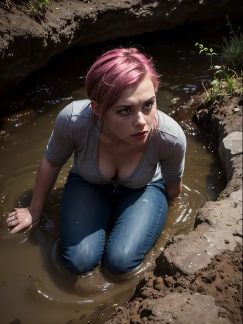 (Best Quality,hight resolution,Masterpiece, Overhead view:1.20),Ultra-detailed,The woman,Wide flares on jeans,sickly,drowning in a swamp,standingn:1.2, (solo sex at the bottom of a mud pit:1.2),gloomy ecstasy,fetish,dark gloomy atmosphere,gritty texture,so...