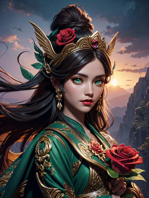 there is a woman (Jesica Alba :1.1) red lips, green eyes, with a flower in her hair and a rose in her hair, beautiful fantasy art portrait, beautiful fantasy portrait, beautiful fantasy art, very beautiful fantasy art, fantasy art portrait, a beautiful fan...