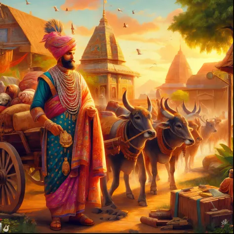 a painting of a man in a turban and a cart with animals, a beautiful artwork illustration, by Saurabh Jethani, amazing wallpaper, hd wallpaper, indian art, beautiful digital artwork, inspired by Ram Chandra Shukla, by Daryush Shokof, by Jitish Kallat, anci...