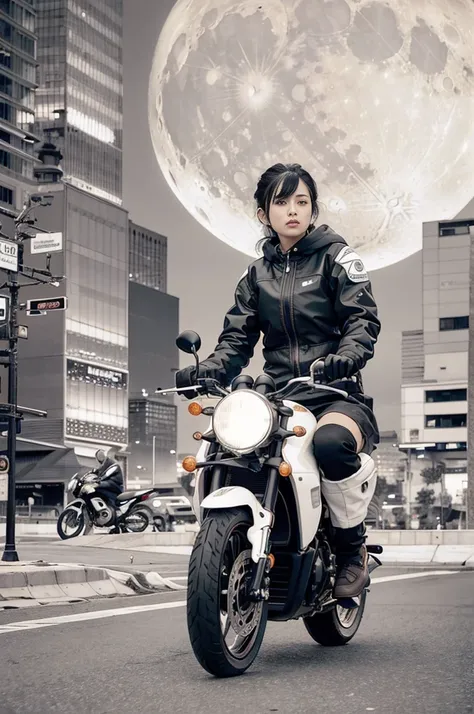 best quality, masterpiece, photo, 4K, photorealistic, highly detailed,
1girl riding motobike, techwear, cyberpunk city, solo, futuristic, huge moon in the background, black and white, by Akira Toriyama, closeup,