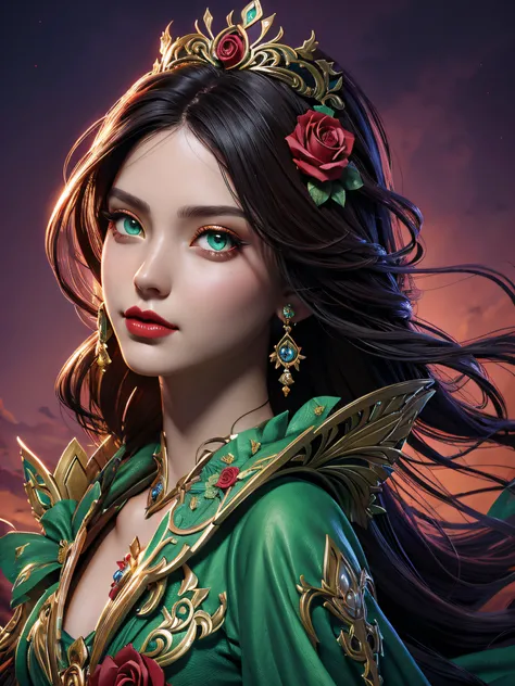 there is a woman (Jesica Alba :1.1) red lips, green eyes, with a flower in her hair and a rose in her hair, beautiful fantasy art portrait, beautiful fantasy portrait, beautiful fantasy art, very beautiful fantasy art, fantasy art portrait, a beautiful fan...