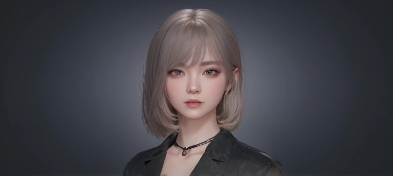 1girl, star eye, blush, perfect illumination, grey hair, red bright eyes, unreal engine, sidelighting, detailed face, bangs, bright skin, simple background, dark background, upon body, realistic big breasts.