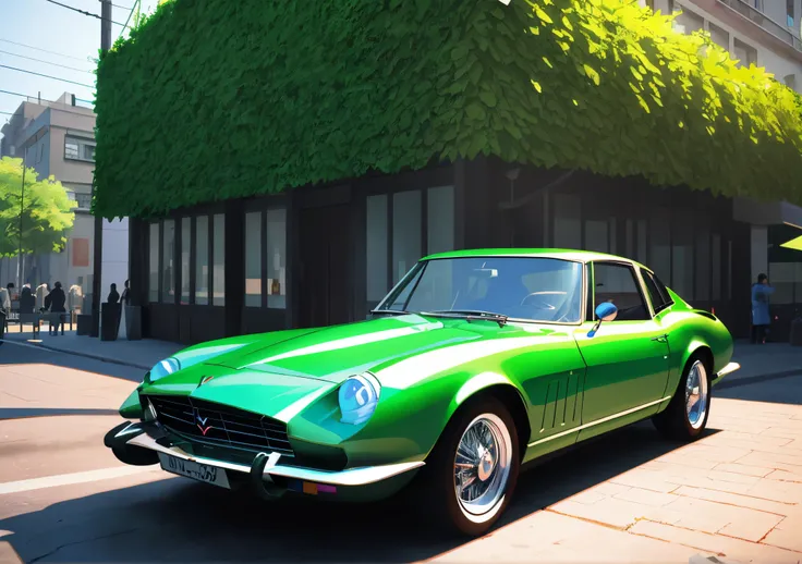 there&#39;s a green car parked on the side of the street, estilo Miura kentaro, inspirado em Kentaro Miura, Miura, inspirado em Bernardo Cavallino, Corveta C2 1969, the car is corvette c2 1969, classic cars, Ghibli. octan render, vray render super realista...