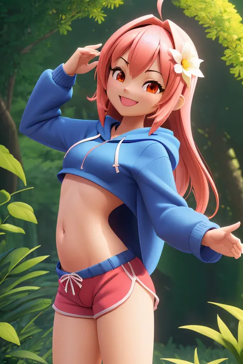 ((nsfw)), imagem 3d de alta qualidade de perto, sorrindo, looking-into-camera, obra-prima, alto detalhe, shorts, hoody, em uma floresta, midriff exposto, standingn,