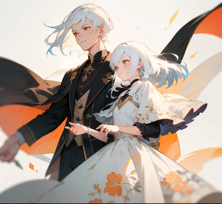 styles， masterpaintings， optimal quality， Special details， Illustration，lovey-dovey effect，the wind，florals，correct proportions，husband and wife，Atmosphere of love，Fresh tones，Simple background，Girls have long white hair，The boy has short white hair，（1male...