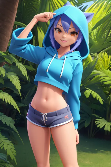 ((nsfw)), imagem 3d de alta qualidade de perto, sorrindo, looking-into-camera, obra-prima, alto detalhe, shorts, hoody, em uma f...