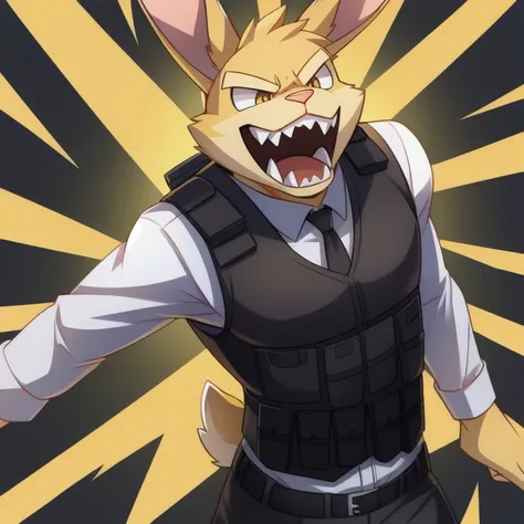 solo, male, rabbit, yellow colored fur, lean body, anthropomorphic rabbit, Crazed expression, sharp teeth, wearing black bulletproof vest,