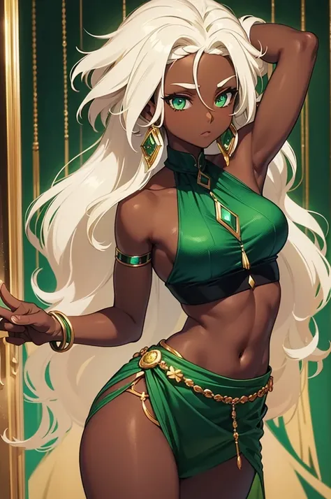 Dark skin woman, brown skin, white hair with light green highlights, green emerald eyes, dark blue halter top, dark blue elbow length gloves, green emerald bracelets, bare legs, dark blue shorts, green emerald loincloth