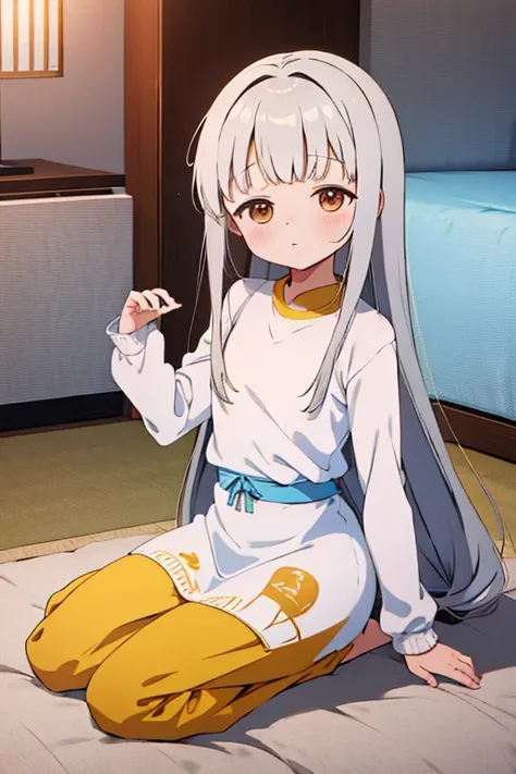 (master piece) (2D) (anime) mulher pequena magrinha cor de cabelo amarelo corte de cabelo chenel com um vestido casual da cor branco dentro de casa deitada no sofa com as pernas para cima olhando para o lado, ultra hd, 8k, mega detalhado, bem desenhado.