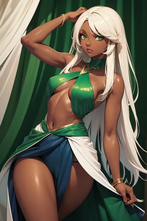 Dark skin woman, brown skin, white hair with light green highlights, green emerald eyes, dark blue halter top, dark blue elbow length gloves, green emerald bracelets, bare legs, dark blue shorts, green emerald loincloth