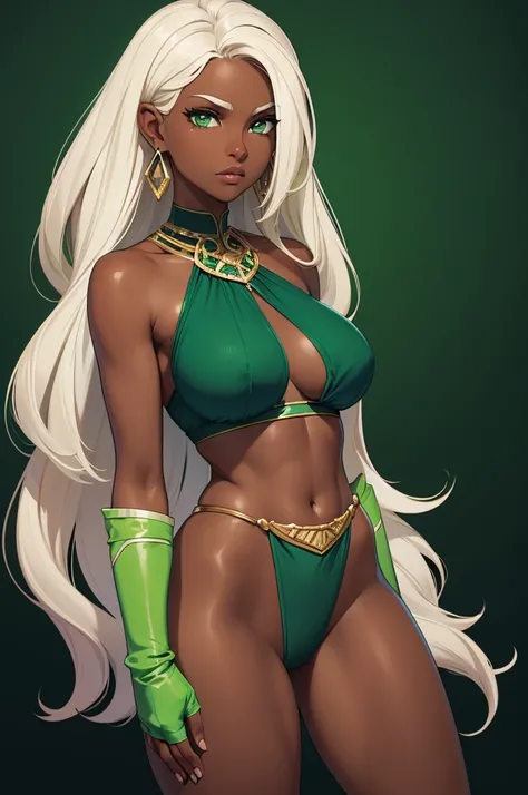 Dark skin woman, brown skin, white hair with light green highlights, green emerald eyes, dark blue halter top, dark blue elbow length gloves, green emerald bracelets, bare legs, dark blue shorts, green emerald loincloth