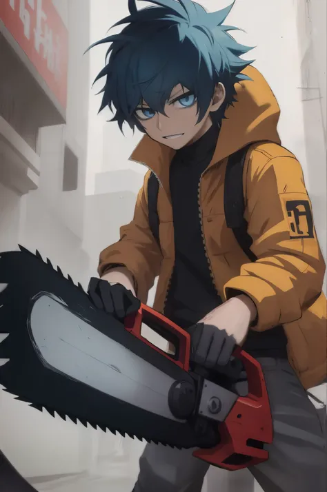 cara de anime com cabelo azul, messy hair, segurando uma motosserra em uma cidade, badass anime 8 k, chain saw man, 2 d estilo anime, Epic anime style, estilo anime 4K, estilo anime moderno, Arte no estilo de Guweiz, motosserra, arte anime de alta qualidad...