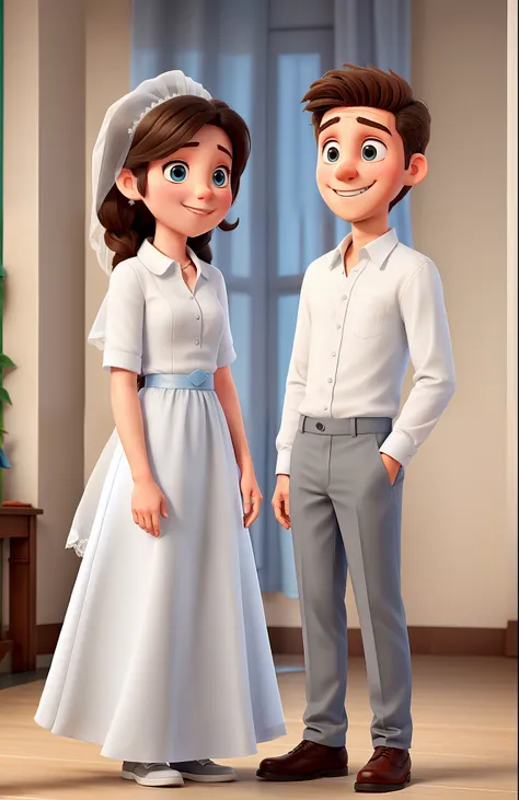 A young man wearing a white shirt. And gray pants. He stands next to his girlfriend. Who wears a blue dress. And a white veil.  They smile and in the background there is a wedding