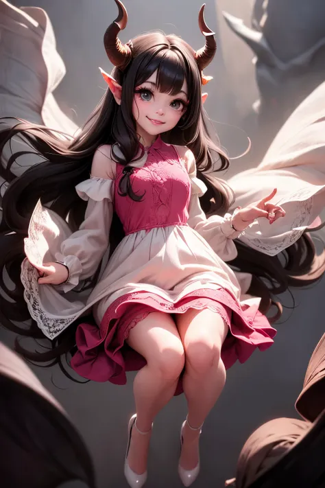 a (horned demon girl) smiling, wearing a lace cloth dress, black hair, red smokey eyes makeup, hair accesories, dramatic magic f...