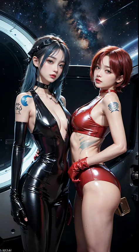 ((​masterpiece:1.4)、(top-quality:1.4)、(reallistic:1.7))、masuter piece:1.4、Beautiful Girl Dirty Pair、(Beautiful Girl Space Investigator Dirty Pair:1.4)、Kei and Yuri detective duo、Two investigators, Kei and Yuri, stand side by side.、(hold a gun:1.2)、Body Fit...