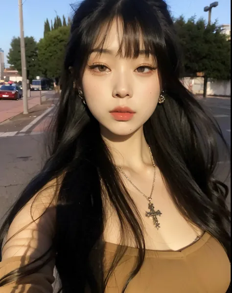 Arafed Asian woman with long black hair and a cross necklace, cruel korean goth girl, Ulzzang, pale goth beauty, korean symmetrical face, pale porcelain white skin, goth girl aesthetic, menina coreana, com cabelos longos e olhos penetrantes, Asian girl, Me...