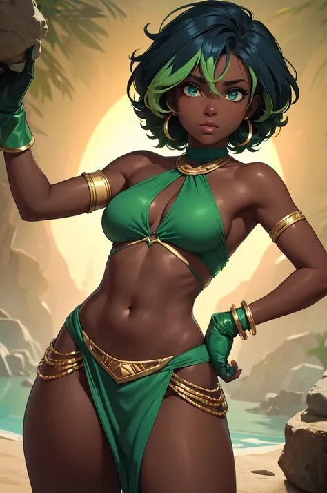 Dark skin woman, brown skin, seafoam color hair with light green highlights, green emerald eyes, dark blue halter top, dark blue elbow length gloves, green emerald bracelets, bare legs, dark blue shorts, green emerald loincloth