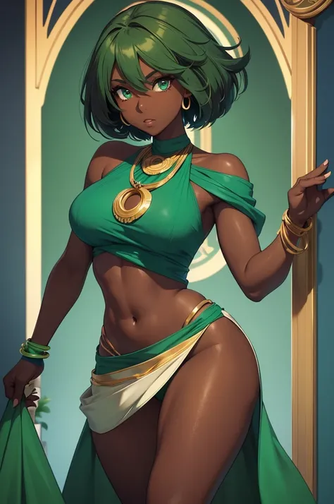 Dark skin woman, brown skin, seafoam color hair with light green highlights, green emerald eyes, dark blue halter top, dark blue elbow length gloves, green emerald bracelets, bare legs, dark blue shorts, green emerald loincloth