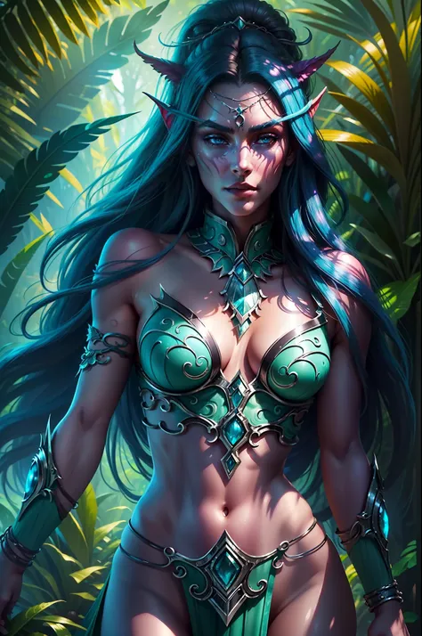 ultra high detailed illustration of a tyrande whisperwind wondering through jungle, giant black panther next to her, high qualit...