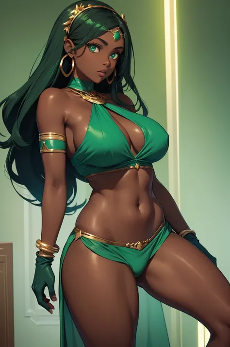 Dark skin woman, brown skin, long seafoam color hair with light green highlights, green emerald eyes, dark blue halter top, dark blue elbow length gloves, green emerald bracelets, bare legs, dark blue shorts, green emerald loincloth