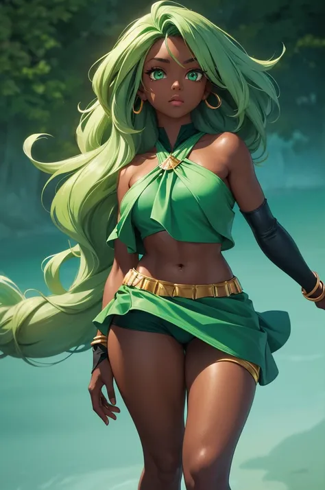 Dark skin woman, brown skin, long seafoam color hair with light green highlights, green emerald eyes, dark blue halter top, dark blue elbow length gloves, green emerald bracelets, bare legs, dark blue shorts, green emerald loincloth