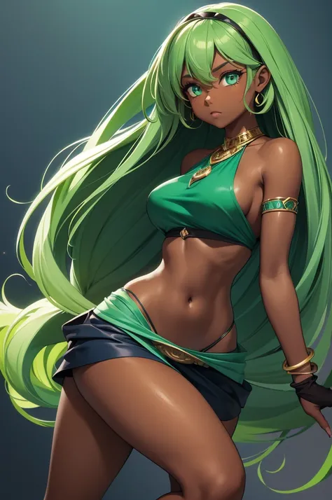 Dark skin woman, brown skin, long seafoam color hair with light green highlights, green emerald eyes, dark blue halter top, dark blue elbow length gloves, green emerald bracelets, bare legs, dark blue shorts, green emerald loincloth