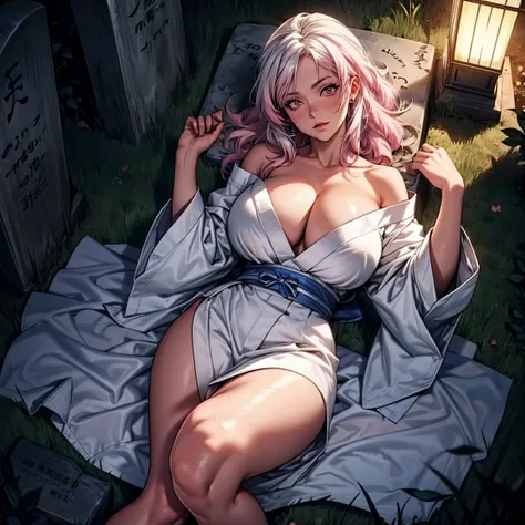 Masterpiece, 1girl,solo,huge breasts, ghost costume , (hitodama) ,night, tombstone, graveyard, long sleeves, very long sleeves, , ghost, pale skin,, off shoulder, cleavage, no bra, (((extremely long white hair))), lying on ground by tombstone, bare legs, s...