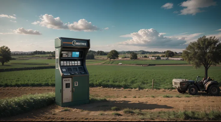 Photorealism ATM machine with blank screen in a farm landscape, ultra realistic, Cinematic light, 8k