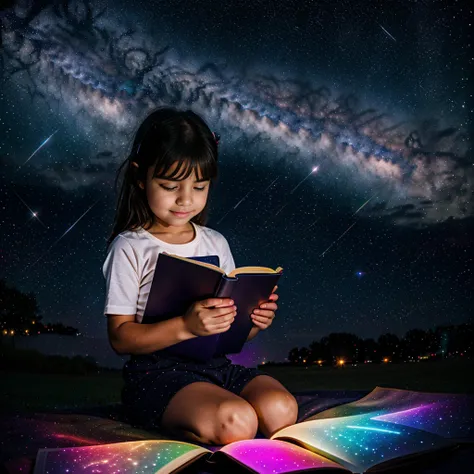 a little girl sitting in the stars and reading a colored shining book, rainbow colored cosmic nebula sky background, stars, galaxies