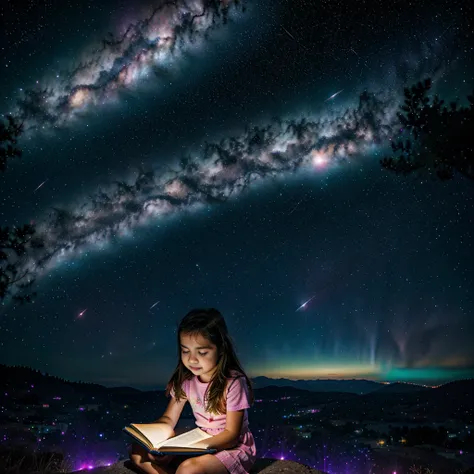 a little girl sitting in the stars and reading a colored shining book, rainbow colored cosmic nebula sky background, stars, galaxies