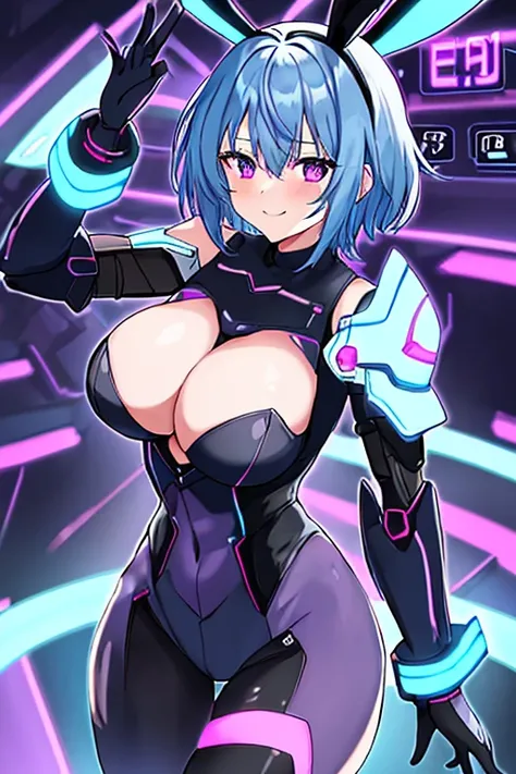 1girl, blue hair, large breasts, breasts, thick thighs, wide hips, purple eyes, bodysuit, black bodysuit, short hair, light smile, happy, very short hair, science-fiction, tech, futuristic, black pantyhose, neon, machinery, bunny ears, neon trim, anime sty...