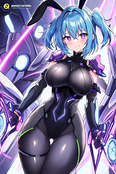 1girl, blue hair, large breasts, breasts, thick thighs, wide hips, purple eyes, bodysuit, black bodysuit, short hair, light smile, happy, very short hair, science-fiction, tech, futuristic, black pantyhose, neon, machinery, bunny ears, neon trim, anime sty...