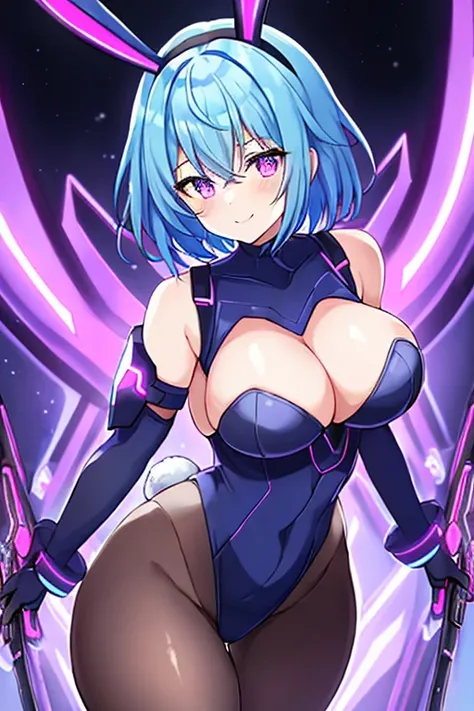 1girl, blue hair, large breasts, breasts, thick thighs, wide hips, purple eyes, bodysuit, black bodysuit, short hair, light smile, happy, very short hair, science-fiction, tech, futuristic, black pantyhose, neon, machinery, bunny ears, neon trim, anime sty...