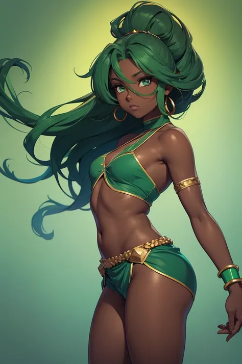 Dark skin woman, brown skin, long seafoam color hair with light green highlights, green emerald eyes, dark blue halter top, dark blue elbow length gloves, green emerald bracelets, bare legs, dark blue shorts, green emerald loincloth