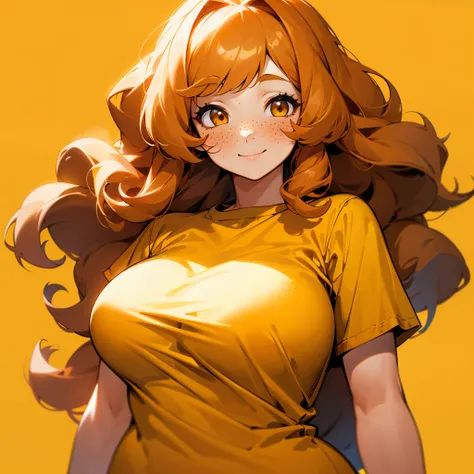 1girl, long orange fluffy curly hair, brown eyes, big breasts, chubby, freckles, yellow T-shirt, blush, smile, solo, best quality, masterpiece, portrait, simple background, looking at the camera, from the front, detailed, perfect anatomy, detailed art, hig...