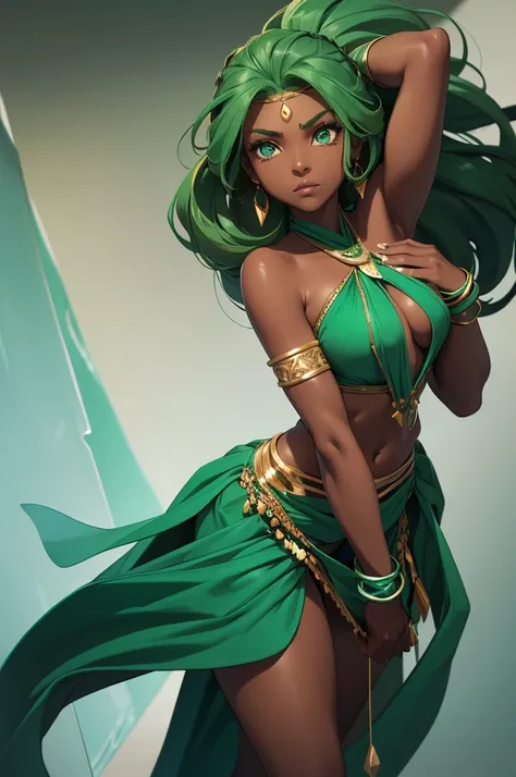 Dark skin woman, brown skin, long seafoam color hair with light green highlights, green emerald eyes, dark blue halter top, dark blue elbow length gloves, green emerald bracelets, bare legs, dark blue shorts, green emerald loincloth