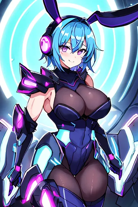 1girl, blue hair, large breasts, breasts, thick thighs, wide hips, purple eyes, bodysuit, black bodysuit, short hair, light smile, happy, very short hair, science-fiction, tech, futuristic, black pantyhose, neon, machinery, bunny ears, neon trim, anime sty...