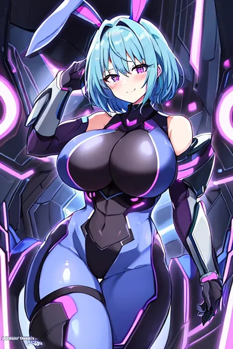 1girl, blue hair, large breasts, breasts, thick thighs, wide hips, purple eyes, bodysuit, black bodysuit, short hair, light smile, happy, very short hair, science-fiction, tech, futuristic, black pantyhose, neon, machinery, bunny ears, neon trim, anime sty...