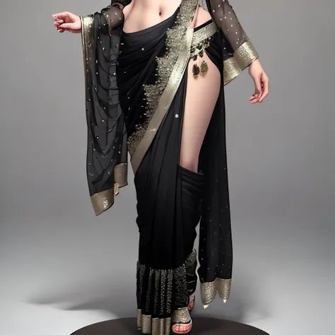 An women in black saree with 38 29 46 body figure